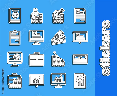 Set line Document with graph chart, Stacks paper money cash, Board resume, Target coin symbol, Computer monitor, User manual and icon. Vector