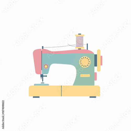 Charming retro sewing machine illustration in pastel teal pink and yellow.