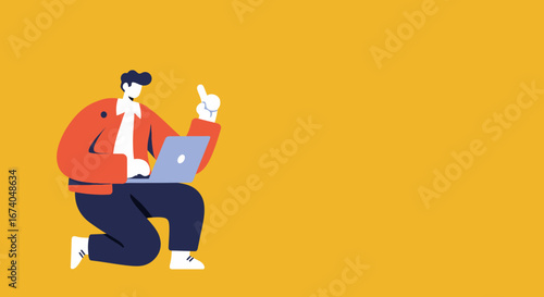A person works on a laptop, pointing upwards, symbolizing new ideas, online learning, or remote collaboration in a modern digital environment.