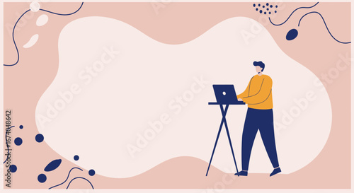 Focused man works remotely on his laptop at a standing desk, surrounded by a modern, abstract background. Ideal for themes of productivity, online business, and digital lifestyle.