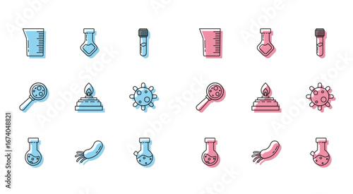 Set line Test tube and flask chemical, Bacteria, Laboratory glassware or beaker, Alcohol spirit burner, Microorganisms under magnifier and icon. Vector