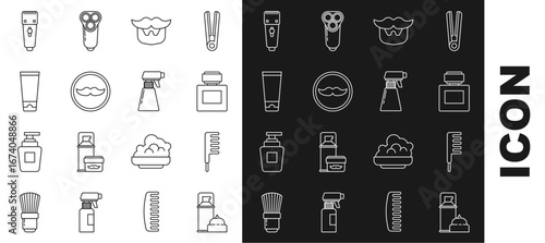 Set line Shaving gel foam, Hairbrush, Aftershave, Mustache and beard, Cream or lotion cosmetic tube, Electrical hair clipper shaver and Hairdresser pistol spray bottle icon. Vector