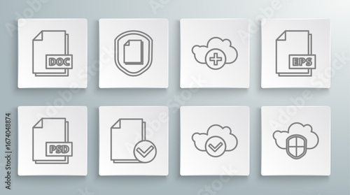 Set line PSD file document, Document protection concept, and check mark, Cloud with, shield, Add cloud, EPS and DOC icon. Vector