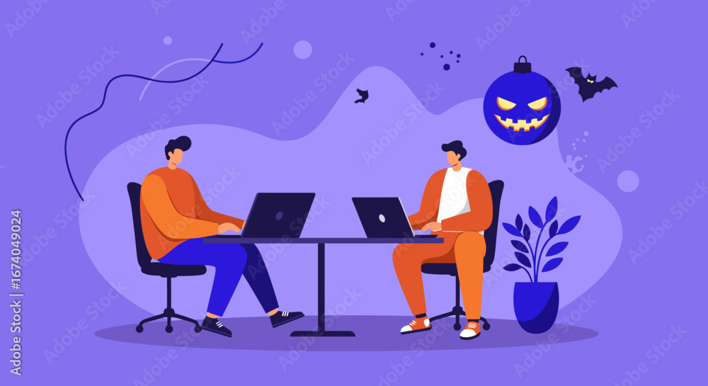 Fototapeta premium Two men work on laptops in a modern office, incorporating Halloween festive elements. Ideal for business, technology, or holiday-themed professional content.