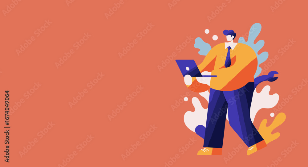 Obraz premium Modern illustration of a businessman using a laptop with a wrench, symbolizing digital problem-solving, technical support, online services, and IT solutions for business.