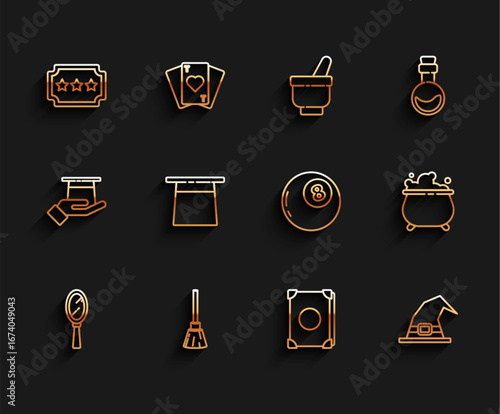Set line Magic hand mirror, Witches broom, Ticket, Ancient magic book, hat, Magician, cauldron and ball of predictions icon. Vector