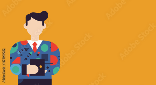 Stylish flat design illustration of a professional man holding a tablet, ideal for business, technology, or creative concepts with copy space.