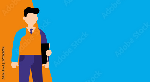 Professional male character holding a folder against a vibrant orange and blue background, ideal for business, education, or corporate communication concepts with copy space.