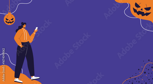 Young woman using smartphone in a Halloween-themed setting with copy space. Perfect for technology, festive, or seasonal lifestyle content.