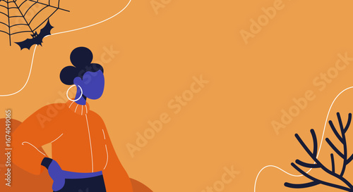 Stylish woman in autumn colors with Halloween elements like a spider web and bat on an orange background, perfect for seasonal promotions or holiday greetings.