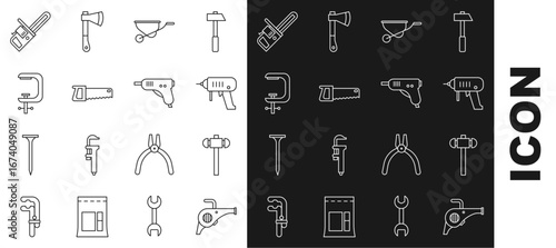 Set line Leaf garden blower, Sledgehammer, Electric drill machine, Wheelbarrow, Hand saw, Clamp screw tool, Chainsaw and hot glue gun icon. Vector