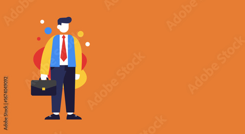 Professional businessman illustration with a briefcase, ready for work or a new opportunity, symbolizing career growth and corporate success on an orange background.