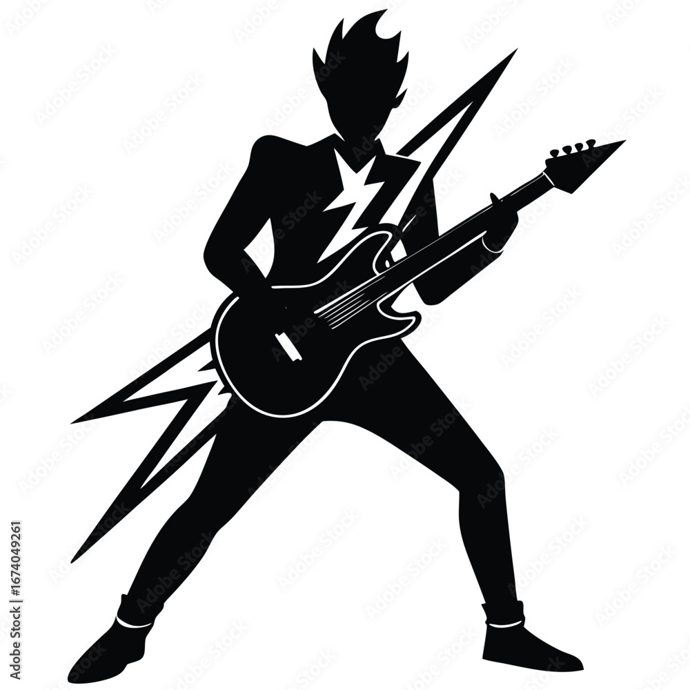 Fototapeta premium Black silhouette of a rock guitarist playing electric guitar with lightning bolt