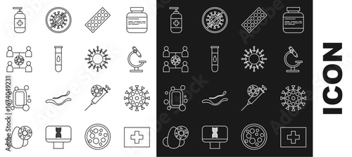 Set line First aid kit, Virus, Microscope, Pills in blister pack, Blood test and virus, spread, Bottle of liquid antibacterial soap and icon. Vector