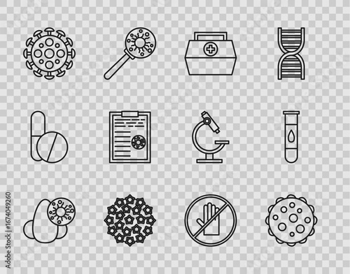 Set line Runny nose and virus, Virus, First aid kit, Clipboard with blood test results, No handshake and Blood icon. Vector