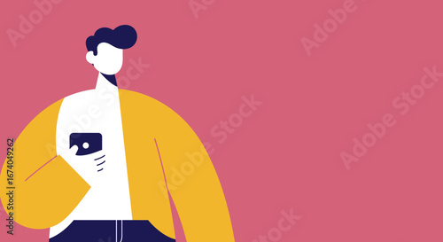 Modern illustration of a person holding a smartphone, symbolizing digital communication, social media, and mobile technology.