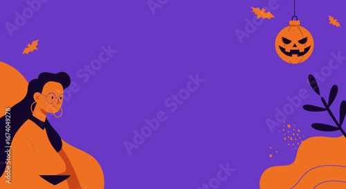 Modern illustration of a woman enjoying Halloween festivities with a jack-o'-lantern and bats on a purple background. Ideal for holiday promotions and event invitations.