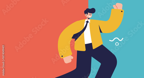 Confident and energetic young businessman celebrating success with a vibrant, modern flat design illustration. Ideal for business, motivation, or lifestyle themes.