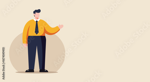 Professional businessman in a yellow shirt and tie gesturing, perfect for business concepts, corporate communication, or marketing with copy space.