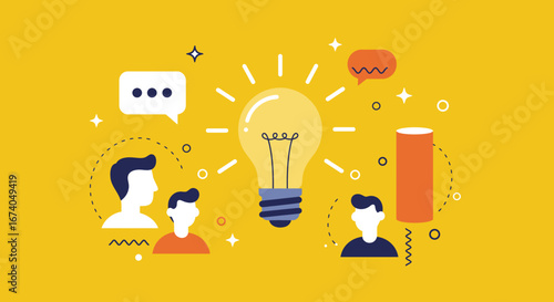 Flat illustration depicting creative idea generation and collaborative teamwork, with a glowing lightbulb, diverse people, and communication bubbles, symbolizing innovation and business strategy.
