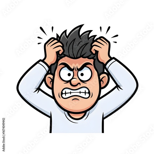 A cartoon illustration of a man with his hands in his hair, appearing to be in a state of frustration or anger.