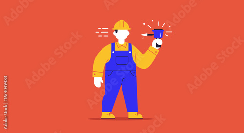 Professional worker in safety gear, operating a power tool. Depicts construction, renovation, and skilled labor concepts.