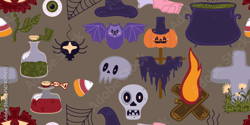 Seamless pattern of cute Halloween elements in cartoon style: pumpkins, skulls, candles, cauldron, witch hat, spider web and other holiday attributes