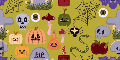 Seamless pattern of cute Halloween elements in cartoon style: pumpkins, skulls, candles, cauldron, witch hat, spider web and other holiday attributes