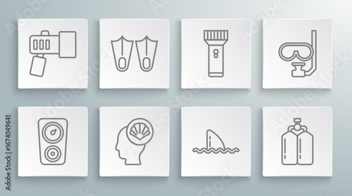 Set line Gauge scale, Rubber flippers, Scallop sea shell, Shark fin in ocean wave, Aqualung, Flashlight, Diving mask and snorkel and icon. Vector