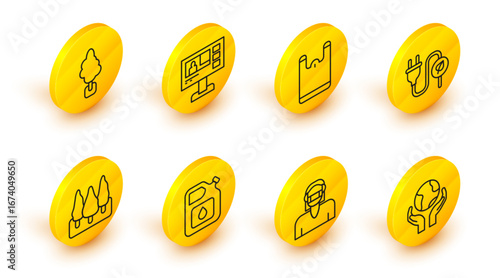 Set line Hands holding Earth globe, Face protective mask, Canister for gasoline, Forest, Electric saving plug leaf, Plastic bag, Television report and Tree icon. Vector