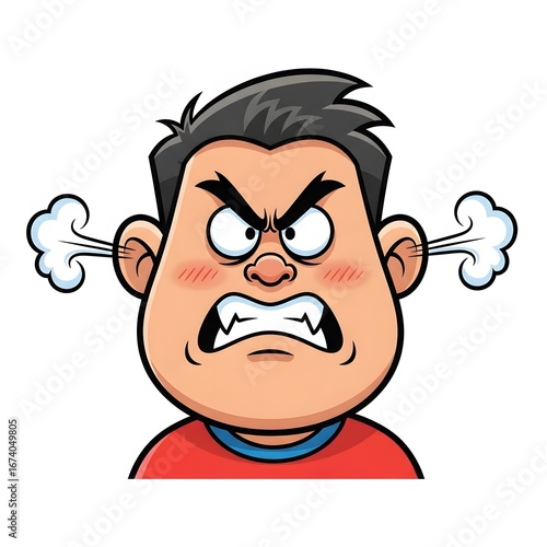 A cartoon illustration of a man with short hair, wearing a red shirt, standing in front of a white background with a cloud of steam coming out of his ears.