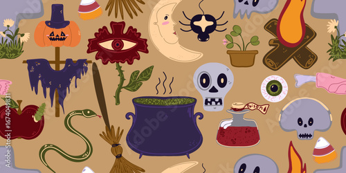 Seamless pattern of cute Halloween elements in cartoon style: pumpkins, skulls, candles, cauldron, witch hat, spider web and other holiday attributes