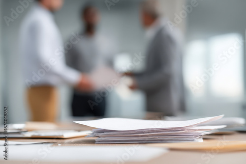 professional manager holds important documents with ar blurred white text bars in modern office setting
