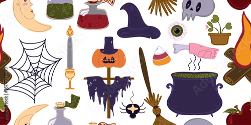 Seamless pattern of cute Halloween elements in cartoon style: pumpkins, skulls, candles, cauldron, witch hat, spider web and other holiday attributes