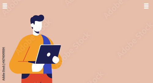 Vibrant illustration of a modern person using a laptop, ideal for concepts of remote work, online learning, digital communication, or technology.