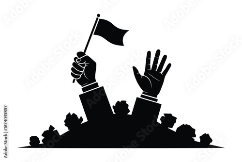 Silhouette of raised hands holding a flag above a cheering crowd