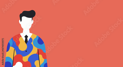 Stylized man in a vibrant, colorful patterned suit stands against a solid coral background with copy space. Represents individuality and creativity in business or fashion.