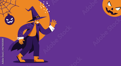 Cheerful witch character waving, surrounded by festive Halloween decorations like a spiderweb and evil pumpkins. Ideal for seasonal promotions and spooky event invitations.