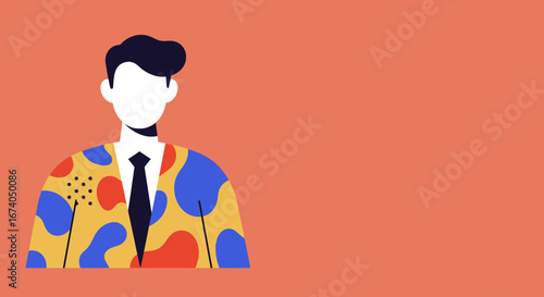 Modern vector illustration of a professional man in a vibrant, artistic suit, ideal for business, creativity, or unique identity concepts. Plenty of copy space for text.