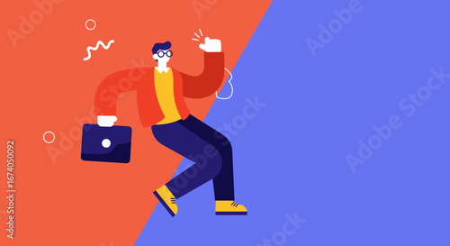 Motivated businessman celebrating professional success with a raised fist and briefcase, on a vibrant split background. Represents achievement and ambition.