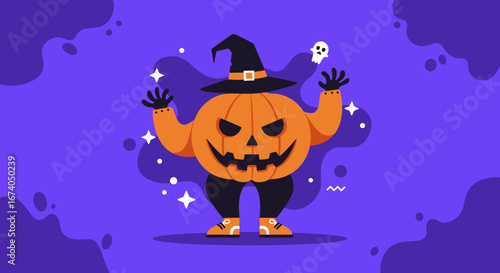 A fun, spooky Halloween pumpkin character wearing a witch hat on a vibrant purple background with ghosts and stars. Perfect for holiday promotions, party invitations, or seasonal greetings.