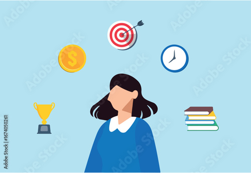 Flat illustration of woman imagining future goals and life aspirations with time money ideas education skills and success career planning ambition and employee personal development