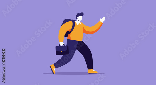 Confident man walking with a briefcase and backpack, symbolizing modern professional life, commute, education, or travel. Flat design illustration for business, lifestyle, and progress.