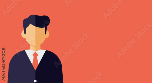 Flat design illustration of a professional businessman avatar with a suit and red tie on a vibrant coral background, offering copy space. Ideal for corporate identity or user profiles.