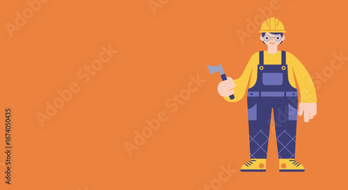 Smiling worker in hard hat and overalls, holding an axe, symbolizing construction, repair, and skilled labor. Ideal for industry, business, or DIY projects.