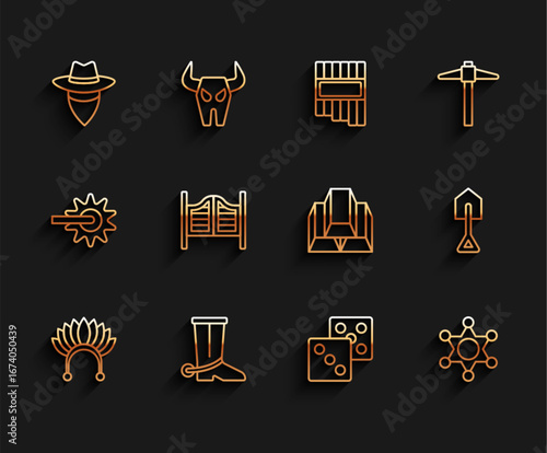 Set line Indian headdress with feathers, Cowboy boot, Game dice, Hexagram sheriff, Saloon door, Shovel and Gold bars icon. Vector