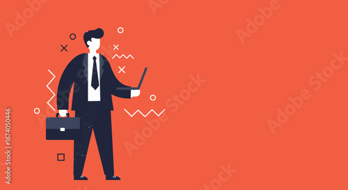 Modern professional businessman with laptop and briefcase. Ideal for concepts of work, digital technology, corporate finance, and career success.
