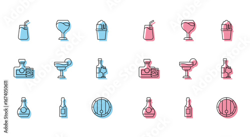 Set line Bottle of cognac or brandy, Champagne bottle, Cocktail, Wooden barrel, Wine with glass, Whiskey and icon. Vector