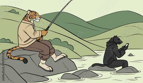 Create a highly detailed image of a serene lakeside setting with rolling green hills in the background. Two anthropomorphic animals are fishing by the water’s edge: a muscular tiger with a striped fac