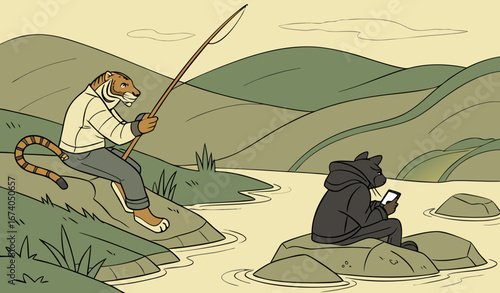 Create a highly detailed image of a serene lakeside setting with rolling green hills in the background. Two anthropomorphic animals are fishing by the water’s edge: a muscular tiger with a striped fac